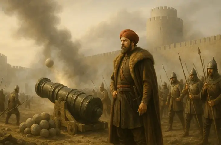 Theodosios surları önünde büyük döküm toplarını yöneten Saruca Paşa’nın canlandırması; Osmanlı topçusunun 1453 kuşatmasındaki hazırlıkları.